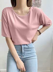 DAZY Của phụ nữ Màu thuần Vòng cổ Ngắn tay Áo thun - Hồng - Xem 4