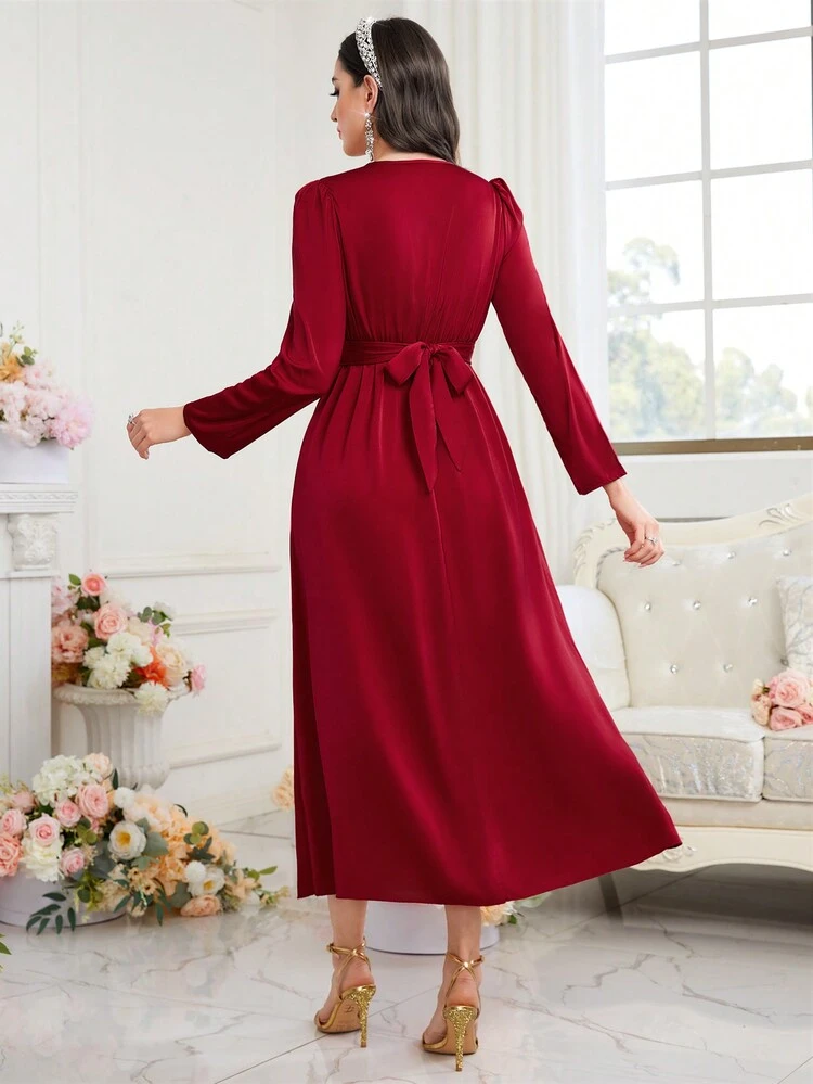 Burgundy Red Diamante Decor V-Neck Waist Cinched Dress Long Evening Dresses