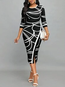 SHEIN Lady Office Dress Women's Color Block Striped Bodycon Dress - Black and White - View 1