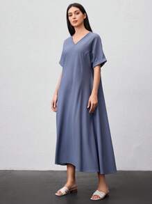 Seusyu Ladies' Solid Color Batwing Sleeve Dress - Dusty Blue - View 5