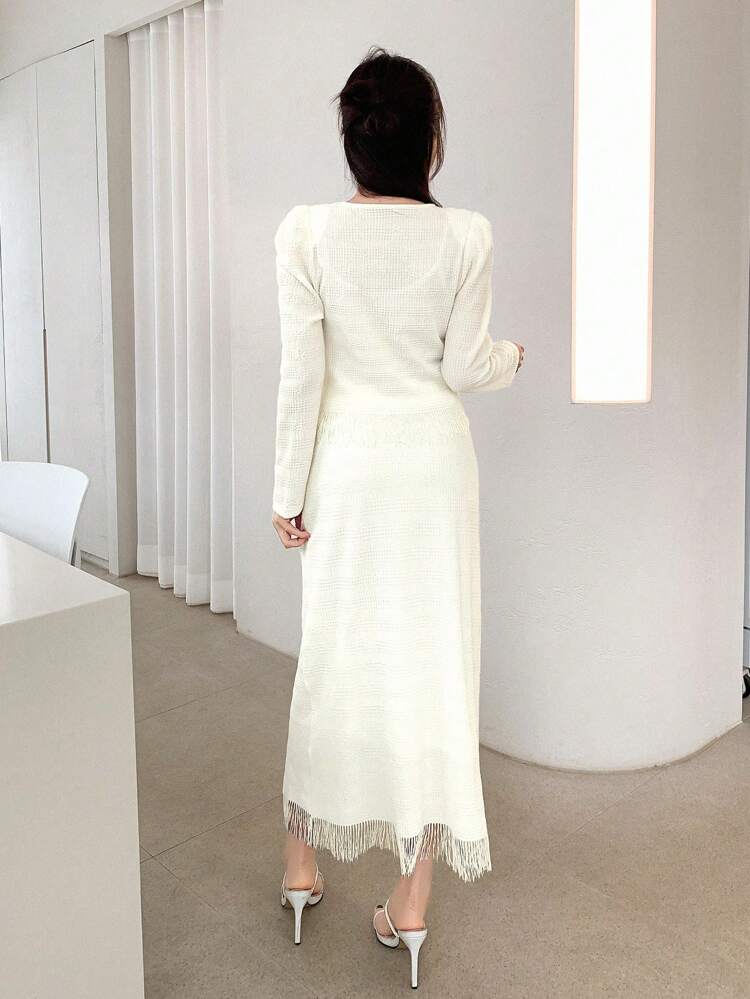 Women's Square Neckline Patchwork Fringe Hem Long Sleeve Top And Skirt Set, Women Two Pieces Sets