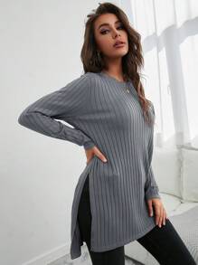 RueChic High Low Split Hem Sweater - Grey - View 5