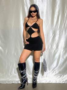 SHEIN Unity Vestido Bodycon De Tirantes Con Detalle De Cadena De Diamantes De Imitación En El Cuello - Negro - Ver 6