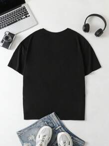 Slaydiva LA Hand Gesture & Letter Graphic Loose Round Neck Short Sleeve Women T-Shirts, Suitable For Spring/Summer - Black - View 3