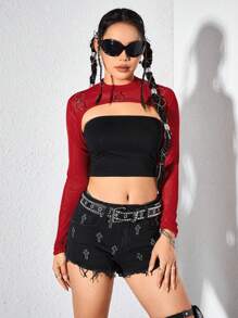 ROMWE Avant Gothic Rock Punk Style Sheer Mesh Sleeveless Top With Metallic Rings Decor - Red - View 4