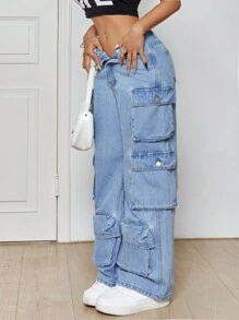SHEIN PETITE Chân thẳng Cargo Denim Quần jean - Rửa nhẹ - Xem 1