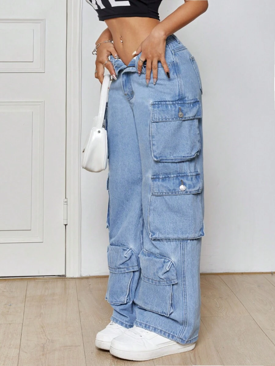 SHEIN PETITE Chân thẳng Cargo Denim Quần jean - Rửa nhẹ - Xem 1