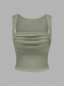 Sweetra 夏季純色方領褶皺坦克上衣 - 軍綠色 - 查看 3