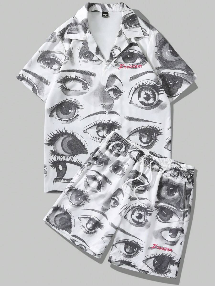 Manfinity Roghcode Men's Eye Print Drop Shoulder Shirt Set - White - View 1