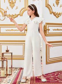 SHEIN Tween Girls' Jumpsuit With Ruffle Hem For Casual Wear