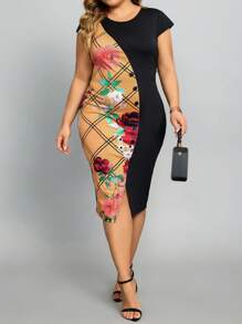 SHEIN Lady Robe Moulante Imprimée Florale Pour Femme De Grande Taille - Multicolore - Voir 3