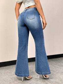 SHEIN Privé Washed Flared Jeans With Distressed Details