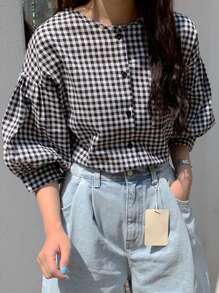 DAZY 女士宽松格纹圆领灯笼袖衬衫夏季 - 黑與白 - 查看 5