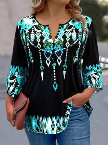 EMERY ROSE 加上反光几何印花纽扣前 T 恤图案 T 恤女式上衣 - 黑色 - 查看 5