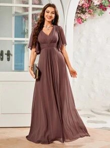 Solid Color Butterfly Sleeve Pleated With Chest Detail, Floor Length Chiffon Bridesmaid Dress Elegant Dress - Bụi hồng - Xem 4