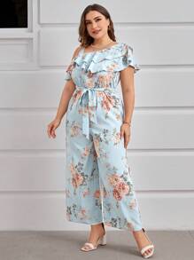 SHEIN Clasi Summer Plus Size Wedding Floral Print Asymmetrical Collar Straight Jumpsuit - Baby Blue - View 4
