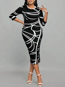 SHEIN Lady Office Dress Women's Color Block Striped Bodycon Dress - Black and White - View 3