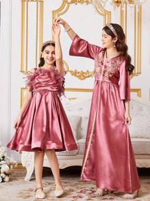 SHEIN Tween Girls' Elegant Satin Feather Decor Sleeveless Dress - Pink - View 2