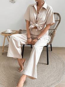 SHEIN LUNE Women's Solid Color Short Sleeve Shirt, Spaghetti Strap Tank Top And Pants Set - Khaki - View 3