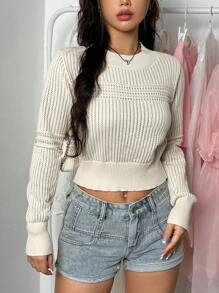 Flirla Solid Color Hollow Out Knit Round Neck Sweater Knit Pullover Fall Winter Outfit