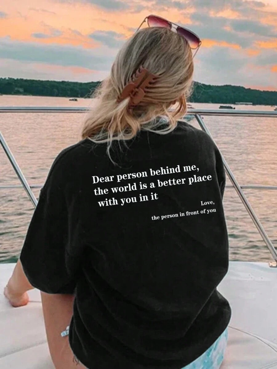 女士标语印花圆领短袖休闲T恤，适合春夏季节，时尚百搭，日常百搭。度假装扮 女士印花T恤 女士白色上衣 黑色上衣 粉色上衣 - 黑色 - 查看 1