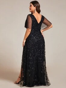 Plus Size Plunging Neck Sequin Contrast Split Thigh Bridesmaid Dress Black Elegant Formal Evening Prom Wedding Guest Gown, For Graduation, Dinner Party Dress