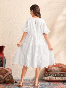 SHEIN Tween Girls' Knitted Hollow Out Embroidered Round Neck Loose Casual Dress - White - View 2