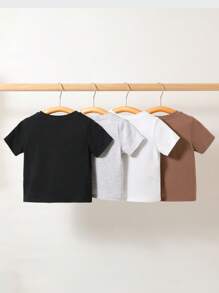 SHEIN Bebis Pojkar Enkel Stickad Mjukt Enfärgad Runda Hals Kort Ärm T-shirts 4 st/set - Multifärgad - Visa 2