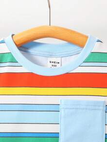 SHEIN Suéter De Cuello Redondo Para Bebé Con Bolsillo En El Parche Del Bloque De Color Con Rayas De Colores - Multicolor - Ver 5