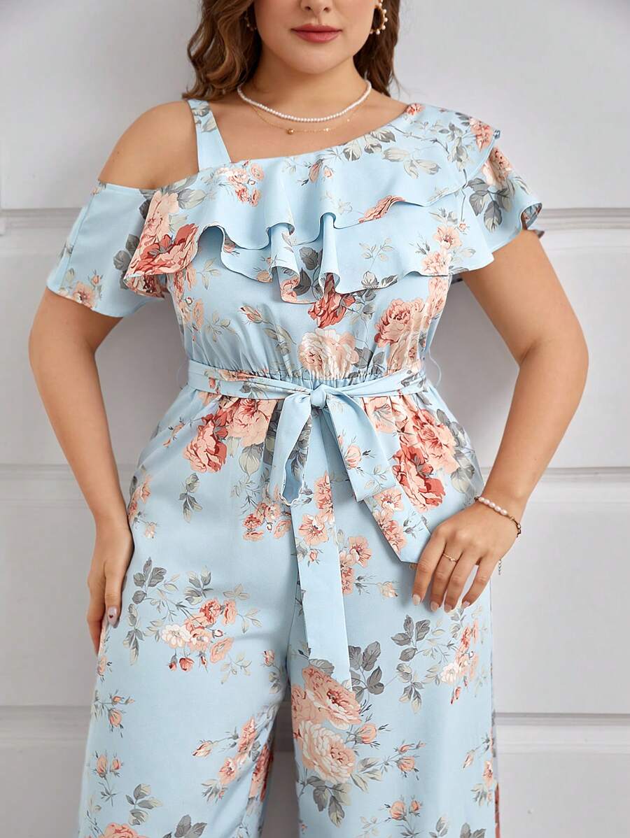 SHEIN Clasi Summer Plus Size Wedding Floral Print Asymmetrical Collar Straight Jumpsuit - Baby Blue - View 1