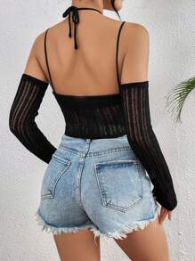 SHEIN Unity Pull court épaules dénudées de couleur unie pour femmes, pull tricoté pour l'automne et l'hiver - Noir - Voir 2