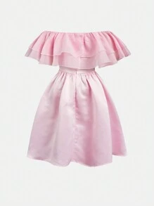 Teen Girl Off-Shoulder Ruffle Hem Dress - Pink - View 2