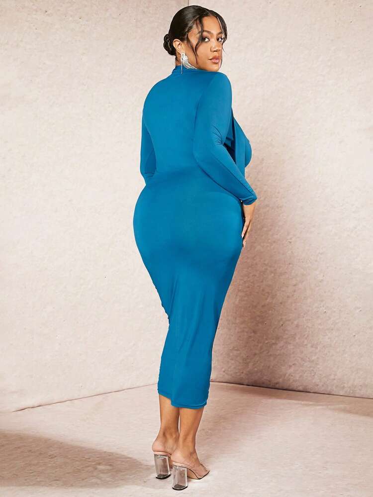 Plus Size Women's Draped-Neck Tie Decorated Bodycon Dress, Club Dress