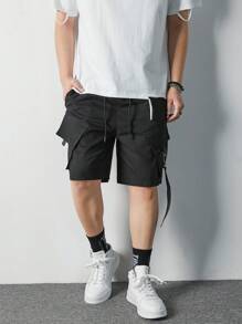 Manfinity Hypemode 男士寬鬆版式帶抽繩腰的貨物短褲 - 黑色 - 查看 3