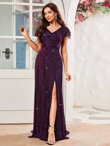 Đầm dài xẻ tà trang trí sequin tay bèo nhún - Màu tím - Xem 4