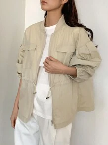 FRIFUL Women's Drawstring Waist Baseball Collar Jacket,Fall Clothes - Beige - View 4