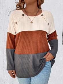 SHEIN LUNE Áo thun tay Raglan phối màu cỡ lớn có nút và họa tiết bất đối xứng dành cho nữ - Nhiều màu - Xem 4