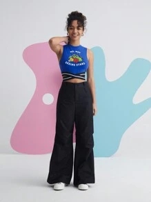 Mr Men Little Miss X SHEIN Cartoon And Letter Graphic Contrast Cross Wrap Hem Tank Top - Blue - View 4