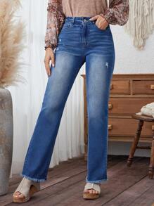 SHEIN LUNE Women's Denim Jeans With Frayed Hem - Medium Wash - View 4