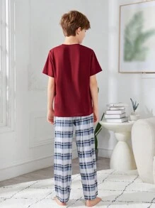 SHEIN 2pcs/Set Tween Boys' Casual Round Neck Short Sleeve T-Shirt And Plaid Pants Homewear Set - Burgundy - View 3