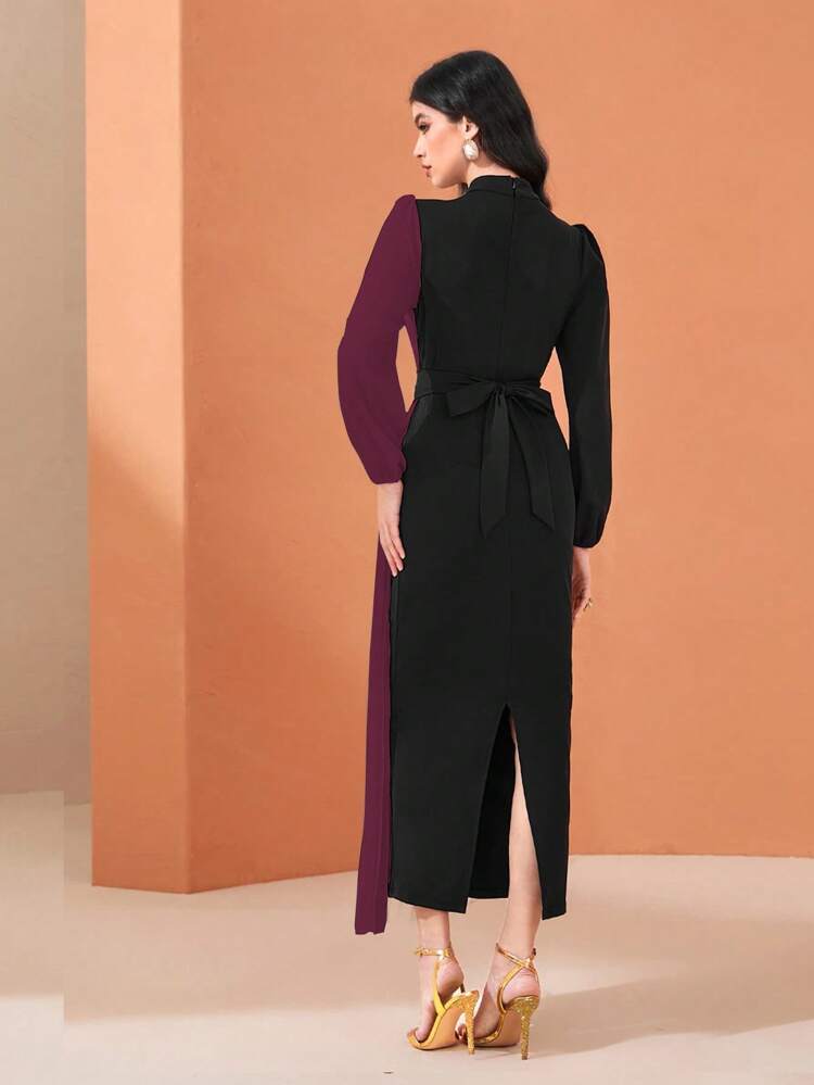 Women's Patchwork Decorated Contrast Color Lantern Sleeve Arabic Style Dress