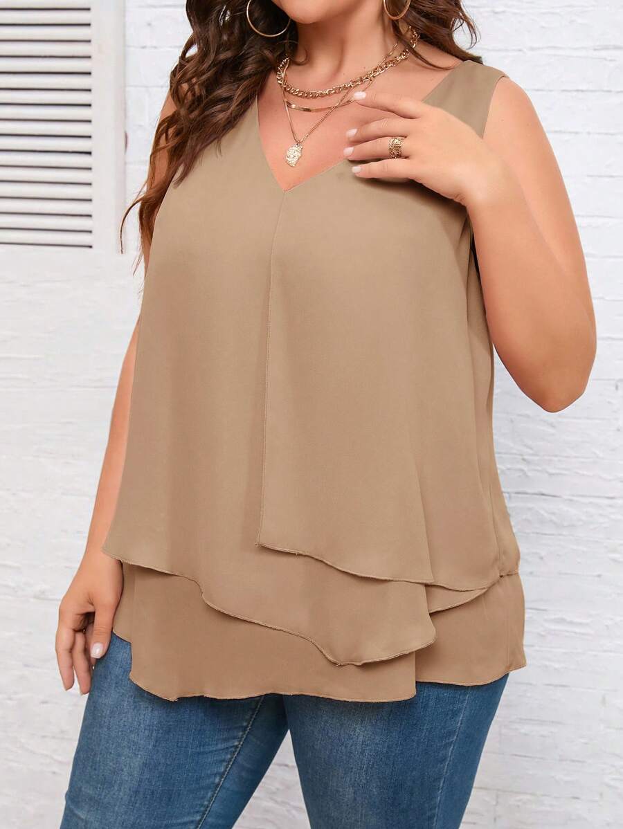 SHEIN Clasi 大尺碼純色v領無袖寬鬆襯衫 - 駝色 - 查看 1