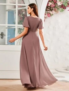 V-Neck Chiffon Bridesmaid Dress With Ruched Bodice - Dusty Pink - View 2