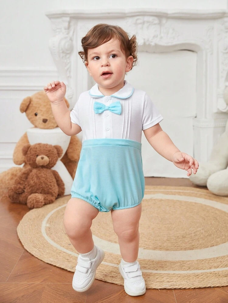 Baby Boy's Gentleman Style Short Sleeve 2 In 1 Bodysuit With Bowknot And Patchwork Design