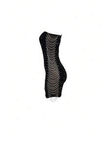 European And American Fashion Sexy One Shoulder Sequin Feather Patchwork Slit Bodycon Dress - Black - View 4