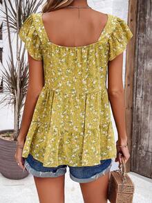 Elegant Floral Print Ruffle Hem Square Neckline Blouse - Yellow - View 2