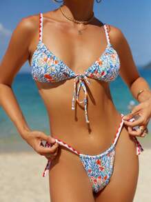 Swim Mod 夏日海滩花朵印花撞色边比基尼套装