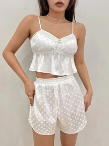 DAZY Conjunto De Pijama Con Pantalones Cortos Y Camisola Con Empalme De Encaje De Jacquard De Lunares De Satén