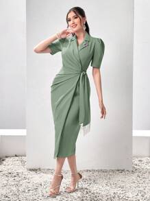 Modelyn Solid Lapel Collar Puff Sleeve Fringe Hem Wrap Knot Dress - Green - View 3
