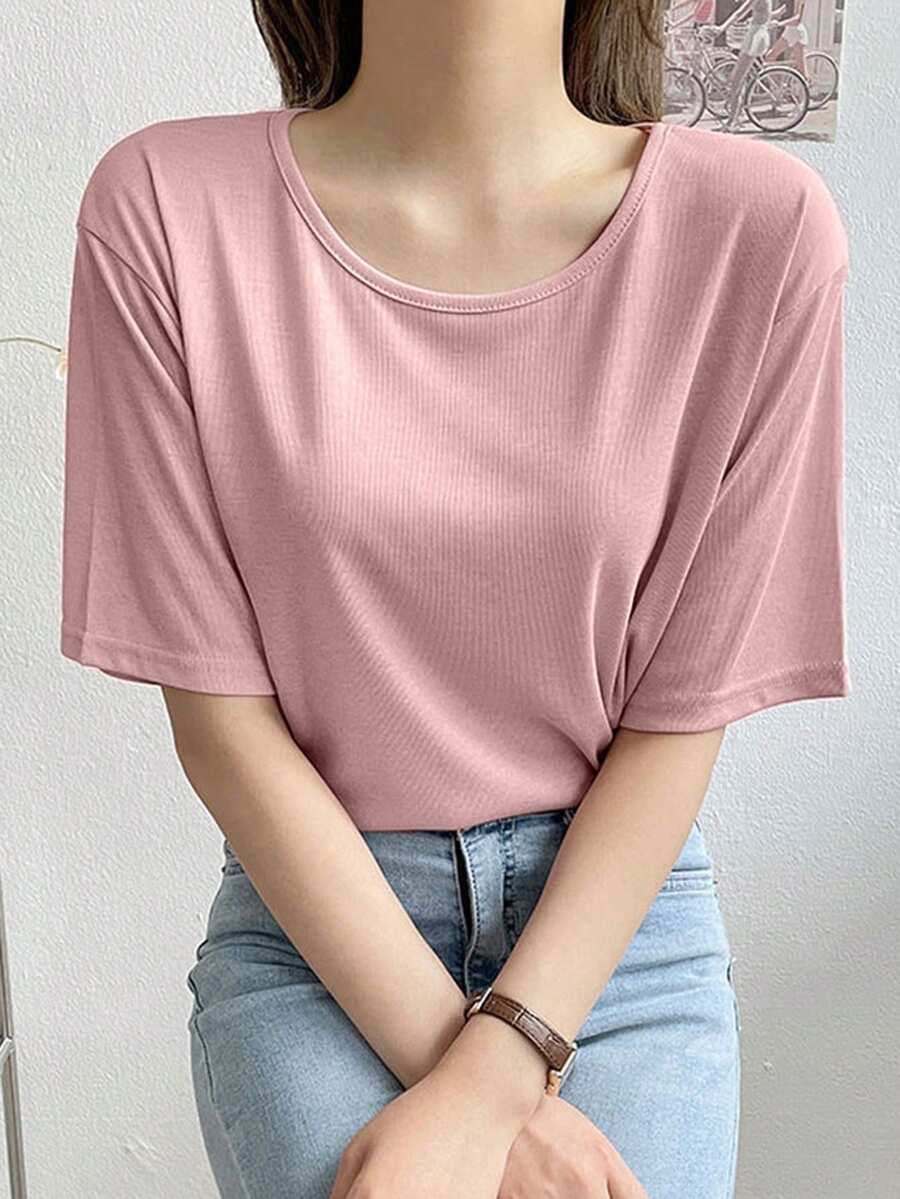 DAZY Của phụ nữ Màu thuần Vòng cổ Ngắn tay Áo thun - Hồng - Xem 1